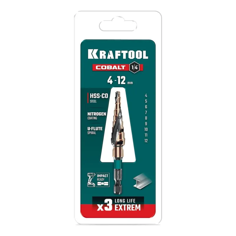 KRAFTOOL COBALT 4-12мм, 9 ступеней, азотирование, винтовая спираль, сверло ступенчатое(29691-4-12-9)