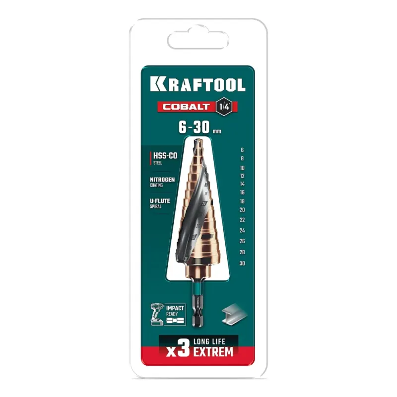 KRAFTOOL COBALT 6-30мм, 13 ступеней, азотирование, винтовая спираль, сверло ступенчатое(29691-6-30-13)