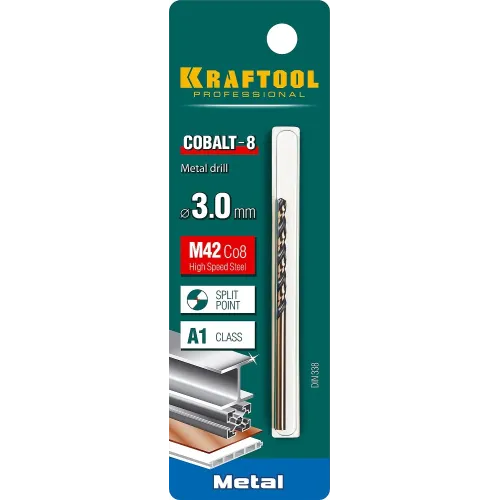 KRAFTOOL COBALT-8, 3.0 х 61 мм, сталь М42, HSS-Co(8%), сверло по металлу (29656-3)