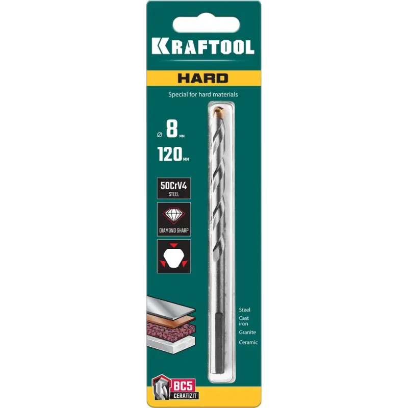 KRAFTOOL Hard, 8 х 120 мм, тв.сплав ВС5, сверло специальное по твёрдым материалам (29177-120-8)