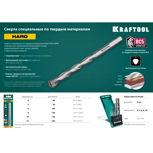 KRAFTOOL Hard, 8 х 120 мм, тв.сплав ВС5, сверло специальное по твёрдым материалам (29177-120-8)