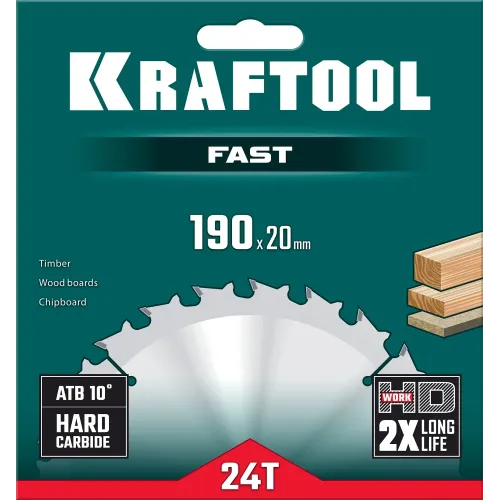 KRAFTOOL Fast, 190 х 20 мм, 24Т, пильный диск по дереву (36950-190-20)