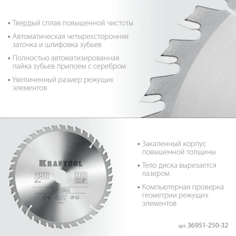 KRAFTOOL Optima, 250 х 32 мм, 40Т, пильный диск по дереву (36951-250-32)