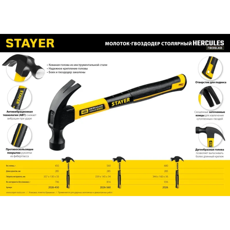 STAYER Hercules, 450 г, молоток-гвоздодёр столярный с фиберглассовой рукояткой, Professional (2026-450)