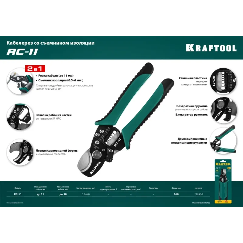 KRAFTOOL RC-11, 2 в 1, кабельные ножницы (22696-2)