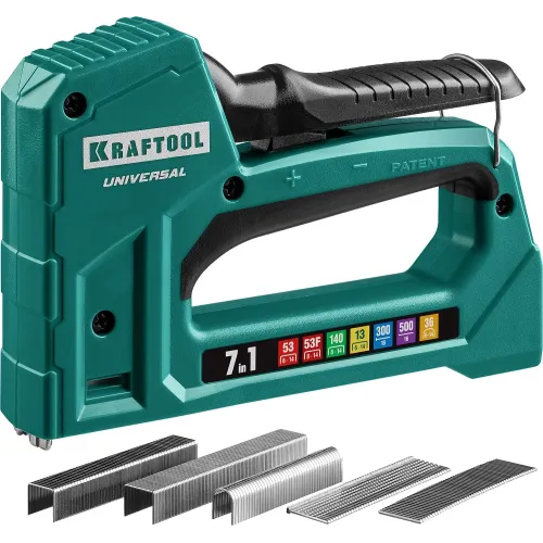 KRAFTOOL Universal, 7-в-1: 53 (A/10/JT21) 23GA (6 - 14 мм)/140 (G/11/57) 20GA (8 - 14 мм)/13/53F/36/500, универсальный легкий степлер (31524)