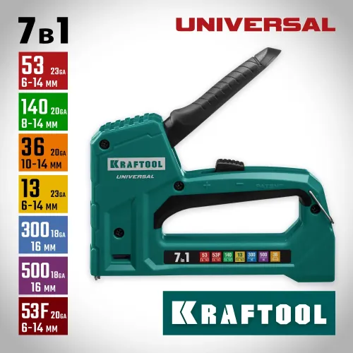 KRAFTOOL Universal, 7-в-1: 53 (A/10/JT21) 23GA (6 - 14 мм)/140 (G/11/57) 20GA (8 - 14 мм)/13/53F/36/500, универсальный легкий степлер (31524)