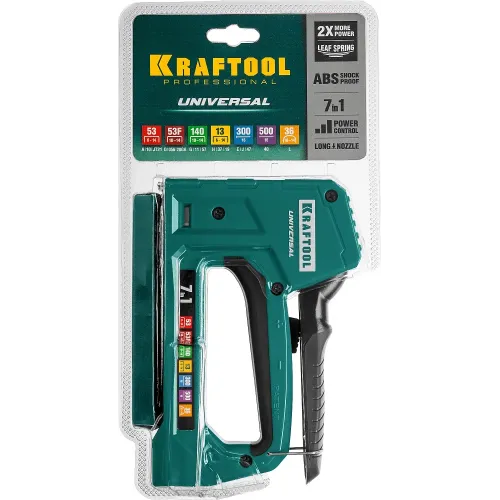 KRAFTOOL Universal, 7-в-1: 53 (A/10/JT21) 23GA (6 - 14 мм)/140 (G/11/57) 20GA (8 - 14 мм)/13/53F/36/500, универсальный легкий степлер (31524)