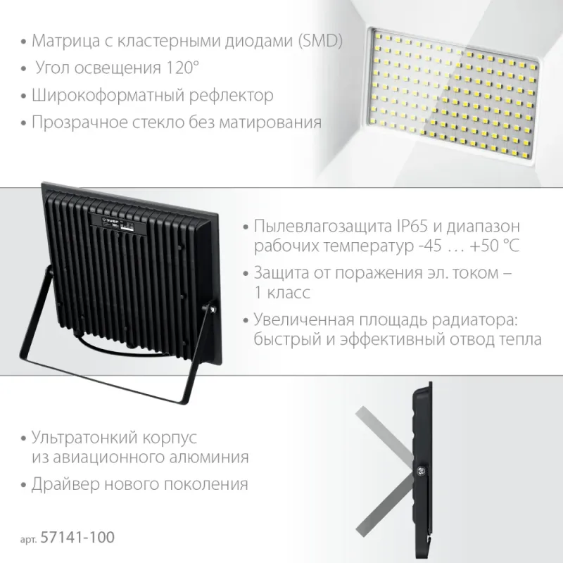 ЗУБР ПСК-100, 100 Вт, 6500 К, IP 65, светодиодный прожектор, Профессионал (57141-100)