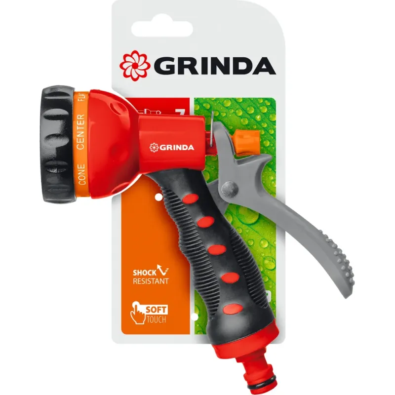 GRINDA T-7, 7 режимов, курок сзади, пластиковый с TPR, поливочный пистолет (8-427185)