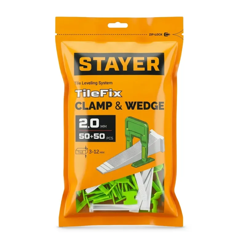 STAYER СВП TileFix, комплект: 2,0 мм, зажим + клин, 50 + 50 шт, система выравнивания плитки ″ворота″ (33843-H50)