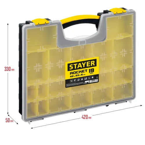 STAYER ROCKET-19, 420 x 330 x 50 мм, (16.5″), пластиковый органайзер с 19 съемными лотками (2-38032)