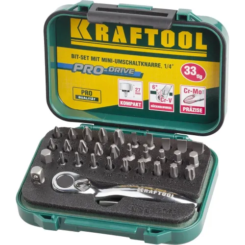 KRAFTOOL 33 шт, набор бит с мини-трещоткой (26157-H33)