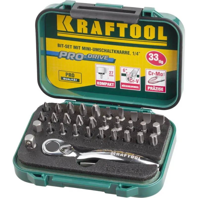 KRAFTOOL 33 шт, набор бит с мини-трещоткой (26157-H33)