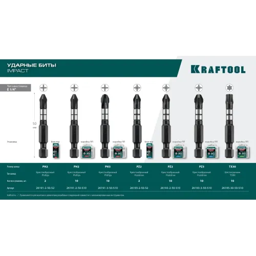 KRAFTOOL Impact PH2, 50 мм, 10 шт, ударные биты (26191-2-50-S10)