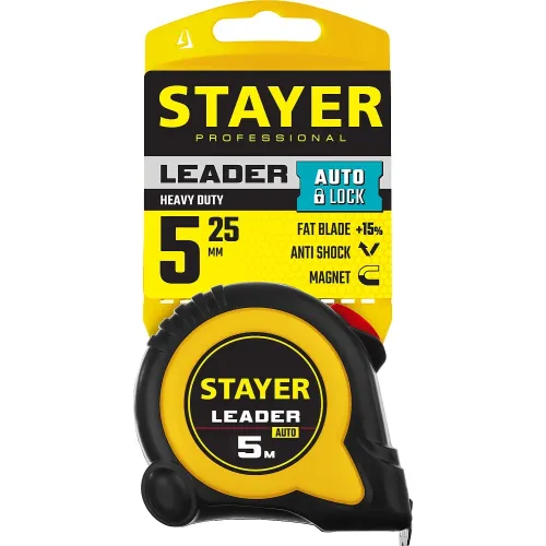 STAYER Leader, 5 м х 25 мм, рулетка с автостопом, Professional (3402-5)