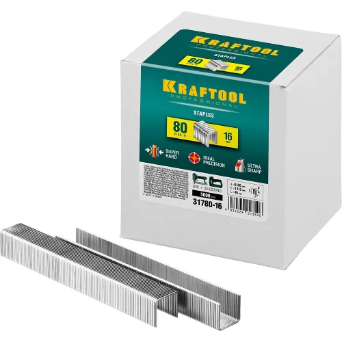 KRAFTOOL скобы тип 80 (BeA/Prebena A/Senco AT), 16 мм, калибр 21GA. 5000 шт (31780-16)