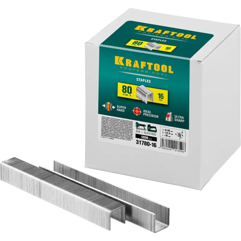 KRAFTOOL скобы тип 80 (BeA/Prebena A/Senco AT), 16 мм, калибр 21GA. 5000 шт (31780-16)