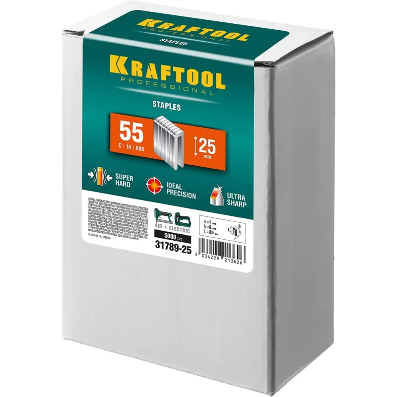 KRAFTOOL скобы тип 55 (90/C), 25 мм, калибр 18GA. 5000 шт (31789-25)