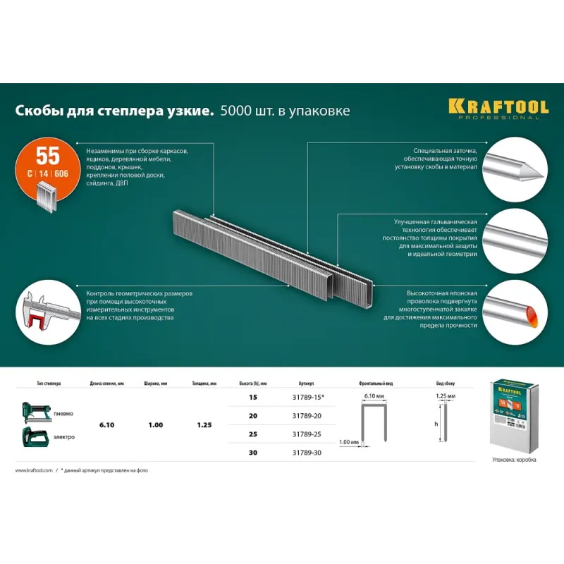 KRAFTOOL скобы тип 55 (90/C), 25 мм, калибр 18GA. 5000 шт (31789-25)