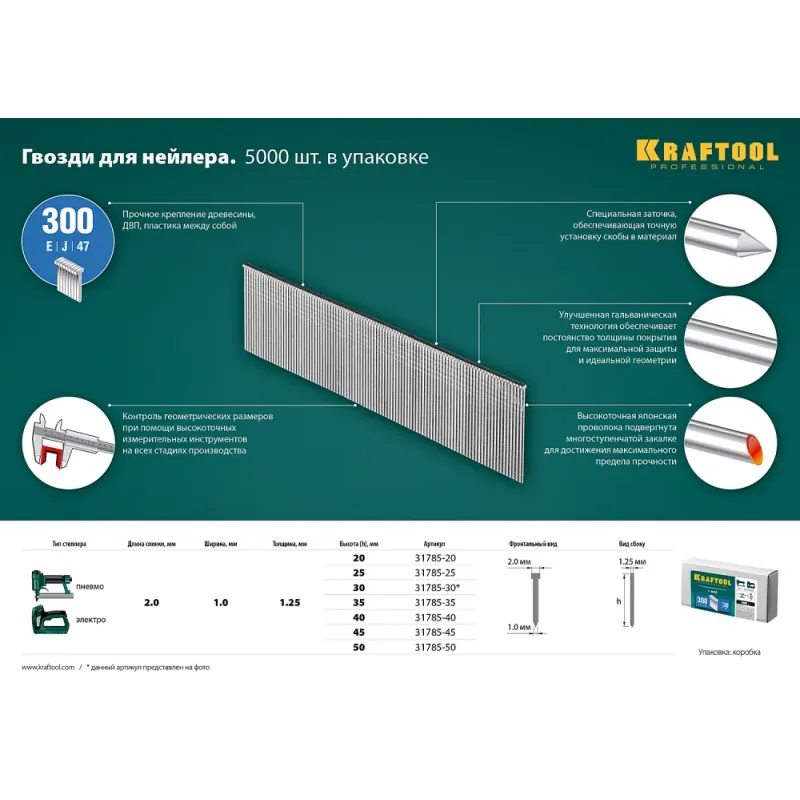KRAFTOOL гвозди тип 300 (47/J/ F), 35 мм, калибр 18GA. 5000 шт (31785-35)