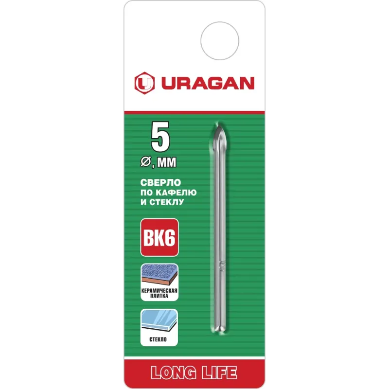 URAGAN 5 мм, 2х кромка, цилиндр хвостовик, Сверло по стеклу и кафелю (29830-05)