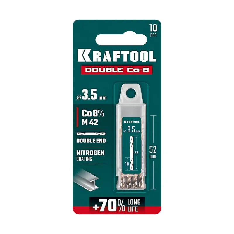 KRAFTOOL DOUBLE Сo-8 3.5х52мм, Сверло двухстороннее по металлу, сталь M42(+8%Co), класс А (29654-3.5-10)