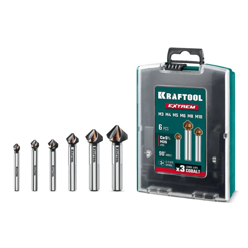 KRAFTOOL EXTREM, 6 шт (6.3, 8.3, 10.4, 12.4, 16.5, 20.5 мм), Z3, 90°, сталь M35, U-образная спираль, набор зенковок (29734-H6)