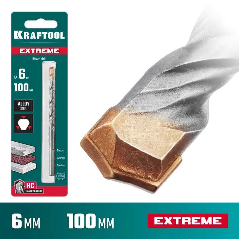 KRAFTOOL Extreme, 6 х 100 мм, трехгранный хвостовик, сверло по бетону (29166-100-06)