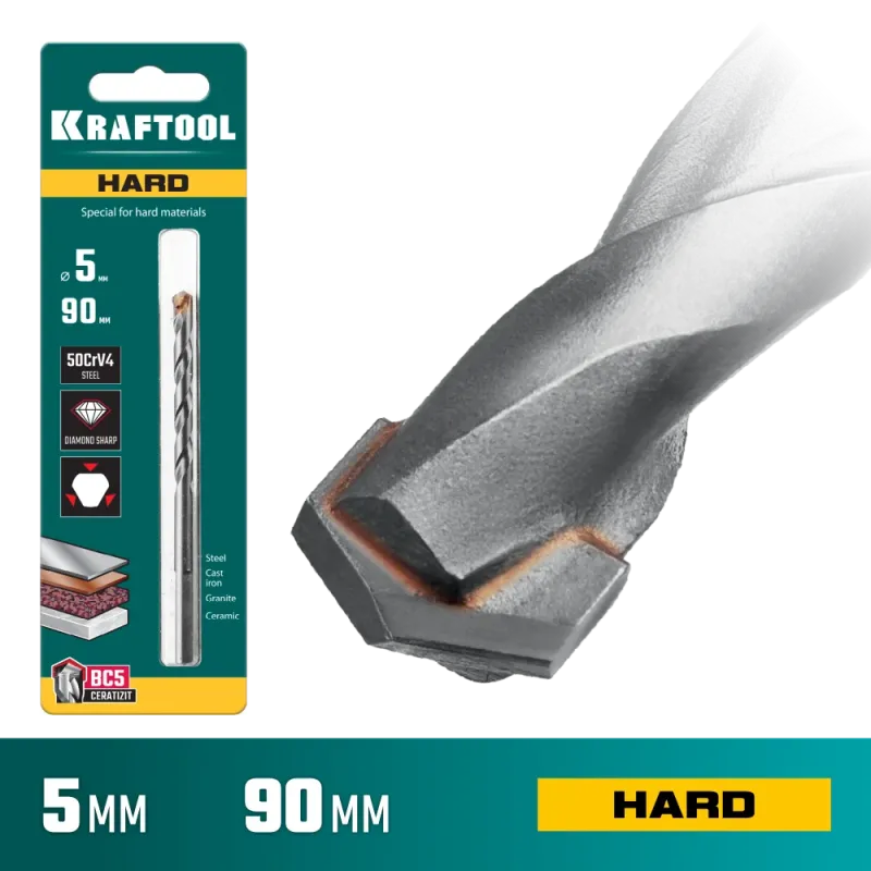 KRAFTOOL Hard, 5 х 90 мм, тв.сплав ВС5, сверло специальное по твёрдым материалам (29177-090-5)