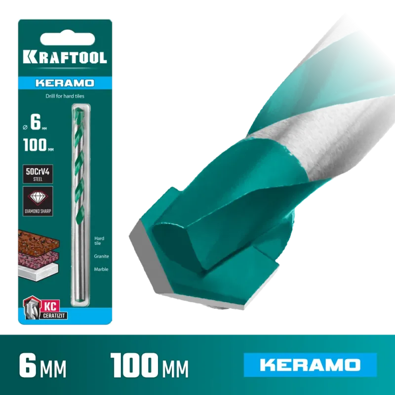 KRAFTOOL Keramo, 6 х 100 мм, тв.сплав КС, сверло по керамограниту (29175-100-6)