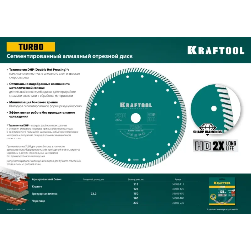 KRAFTOOL Turbo, 230 мм, (22.2 мм, 10 х 2.8 мм), сегментированный алмазный диск (36682-230)