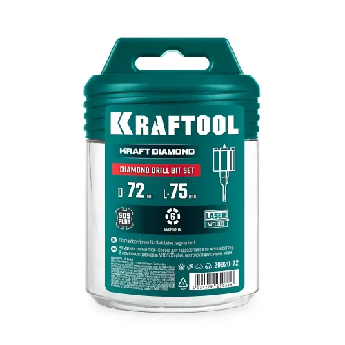 KRAFTOOL DIAMOND d 72 мм (сухое сверление с микроударом, глубина сверления 75 мм, лазерная сварка), Алмазная Коронка для подрозетников (29820-72)