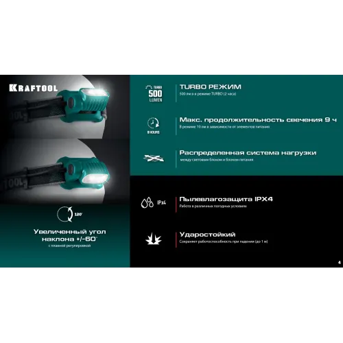 KRAFTOOL KH-10, Hybrid power, 500 лм, 5 режимов, аккумуляторный налобный фонарь, 1000мАч, 3ААА (56452)