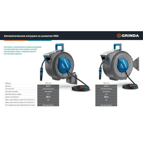 GRINDA HRA-20, шланг 20м x 1/2″, на поворотном кронштейне настенная, поливочный набор 4 предмета, катушка автоматическая со шлангом ProLine (428470)