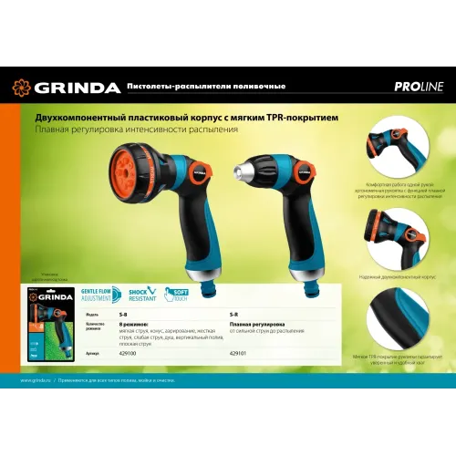 GRINDA S-R, плавная регулировка напора, двухкомпонентный, поливочный пистолет, PROLine (429101)