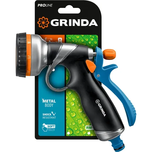 GRINDA RM-8, 8 режимов, курок сзади, металлический с TPR, поливочный пистолет, PROLine (8-427143)