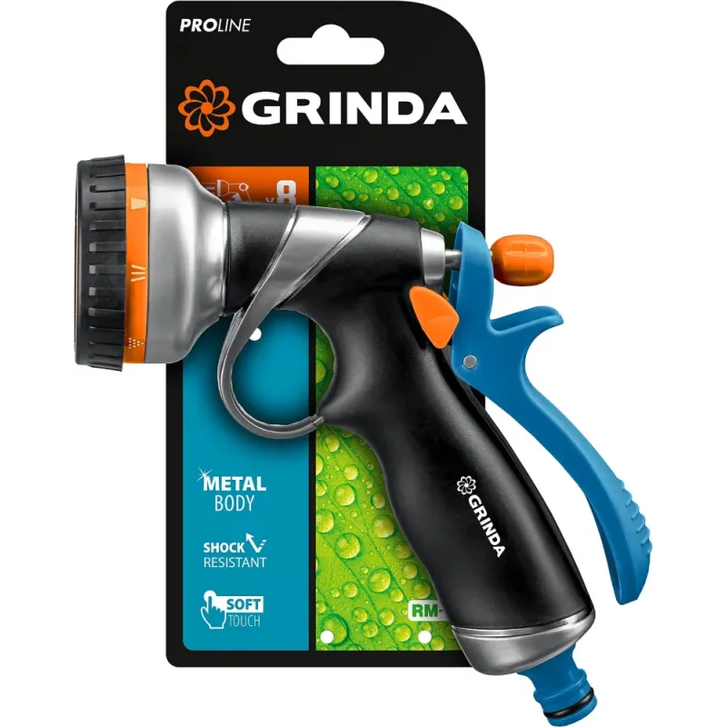 GRINDA RM-8, 8 режимов, курок сзади, металлический с TPR, поливочный пистолет, PROLine (8-427143)