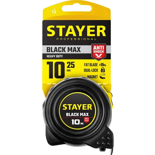 STAYER BlackMax, 10 м х 25 мм, рулетка с двумя фиксаторами, Professional (3410-010)