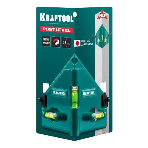 KRAFTOOL POST-LEVEL, 3 глазка, магнитный угловой уровень (34788)