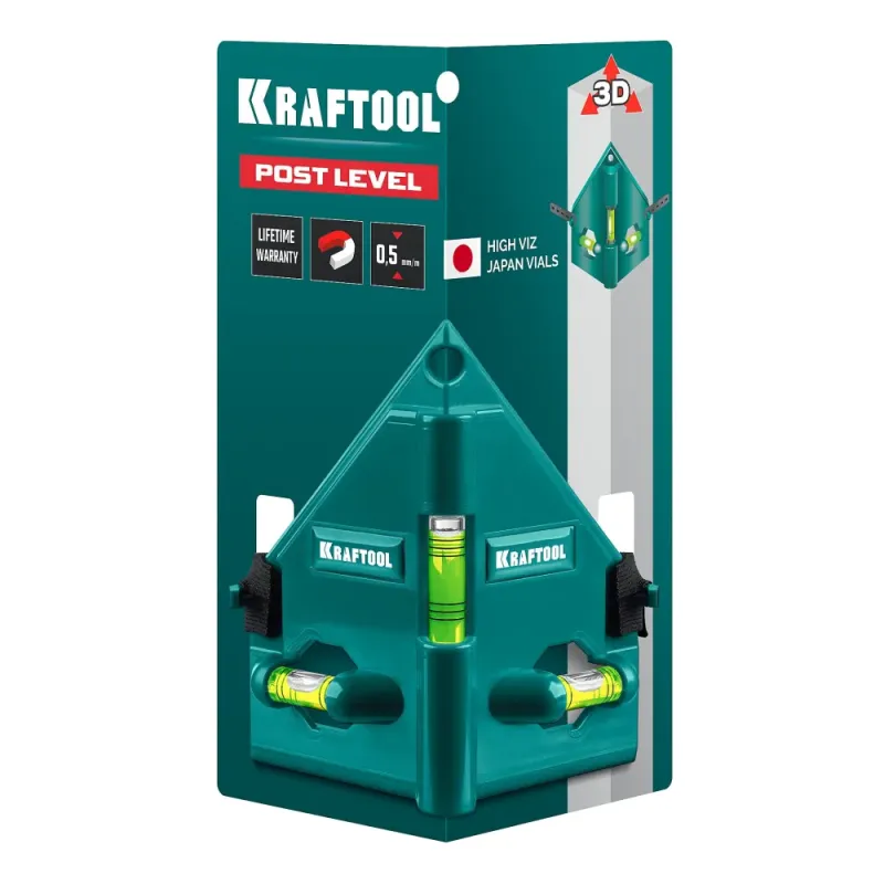 KRAFTOOL POST-LEVEL, 3 глазка, магнитный угловой уровень (34788)