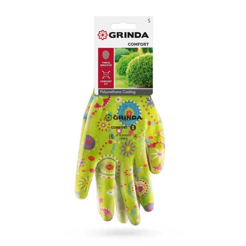 GRINDA COMFORT, S (7), садовые перчатки с прозрачным полиуретановым покрытием, зелёные, 13 класс (11290-S)