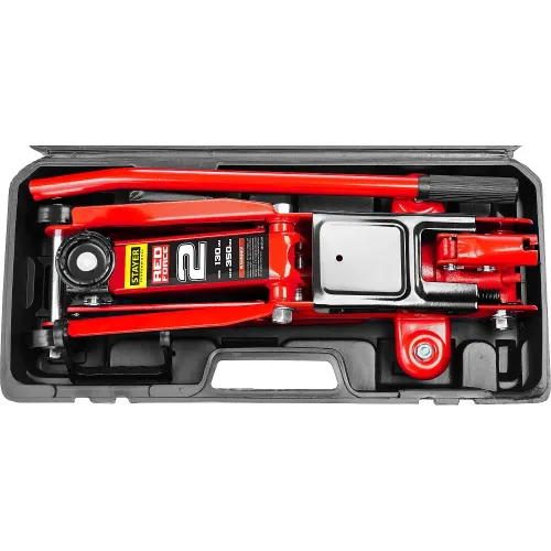 STAYER R-28 RED FORCE, в кейсе, 2 т, 130 - 350 мм, подкатной домкрат для легковых а/м, Professional (43153-2-K)