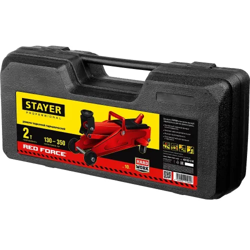 STAYER R-28 RED FORCE, в кейсе, 2 т, 130 - 350 мм, подкатной домкрат для легковых а/м, Professional (43153-2-K)
