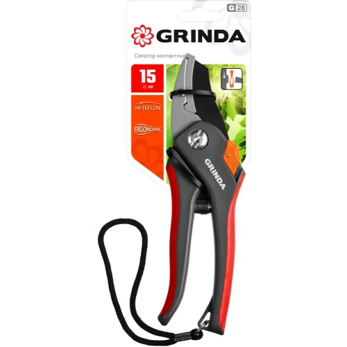 GRINDA G-28, 205 мм, углеродистая сталь, закаленные лезвия, тефлоновое покрытие, двухкомпонентные рукоятки, контактный секатор (8-423203)