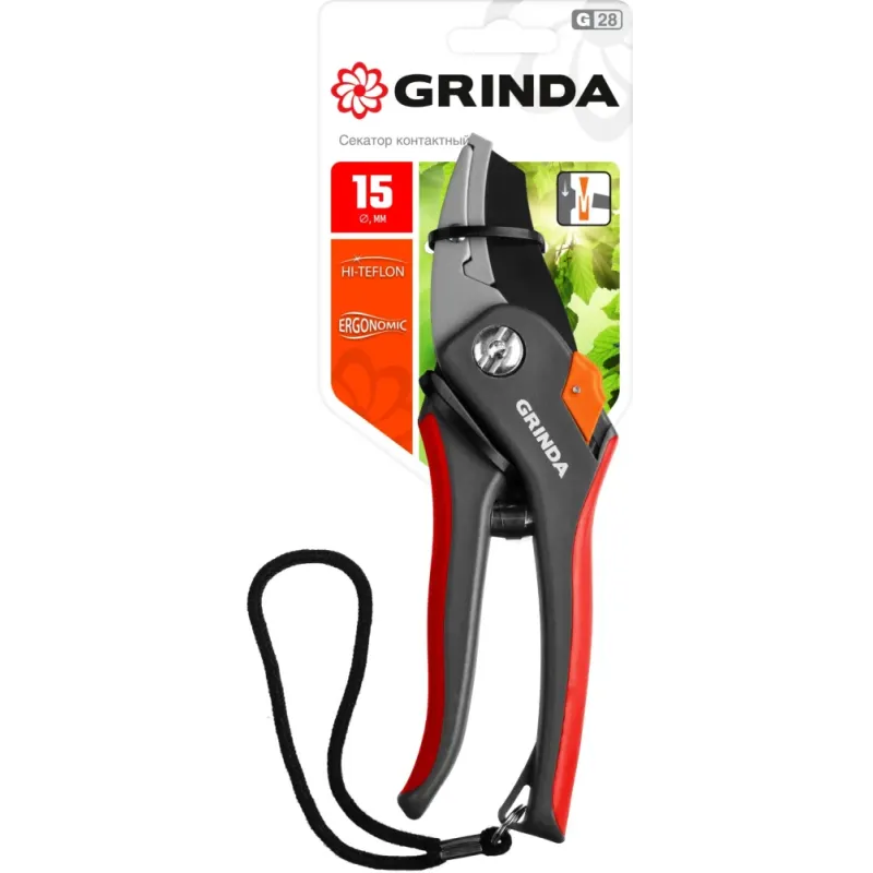 GRINDA G-28, 205 мм, углеродистая сталь, закаленные лезвия, тефлоновое покрытие, двухкомпонентные рукоятки, контактный секатор (8-423203)