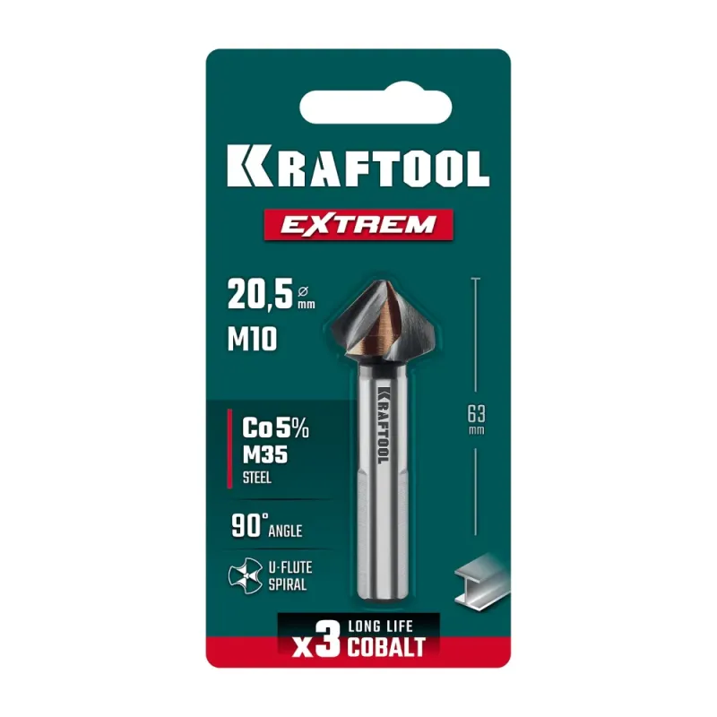 KRAFTOOL EXTREM, d 20.5х10х63 мм, Z3, 90°, сталь M35, U-образная спираль, зенковка (29734-10)