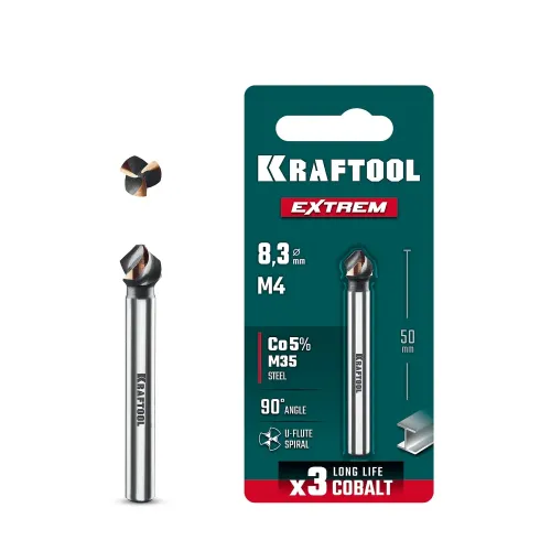 KRAFTOOL EXTREM, d 8.3х6х50 мм, Z3, 90°, сталь M35, U-образная спираль, зенковка (29734-4)