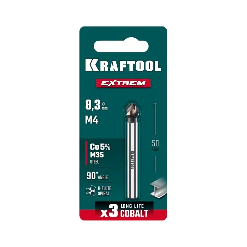 KRAFTOOL EXTREM, d 8.3х6х50 мм, Z3, 90°, сталь M35, U-образная спираль, зенковка (29734-4)