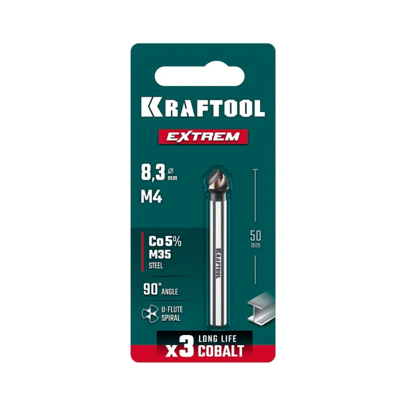 KRAFTOOL EXTREM, d 8.3х6х50 мм, Z3, 90°, сталь M35, U-образная спираль, зенковка (29734-4)